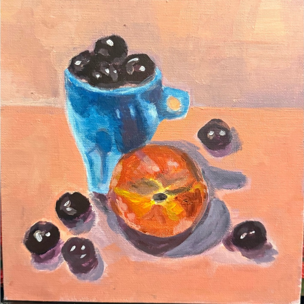 Original Vibrant Blue Mug with Fruit Acrylic Canvas Painting on 8x8 inches panel